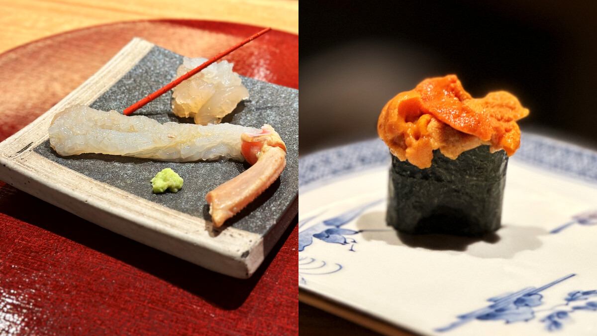 すし桃菜色：澳洲水姑娘龍蝦刺身 、日本松葉蟹腳刺身、北海道馬糞海膽