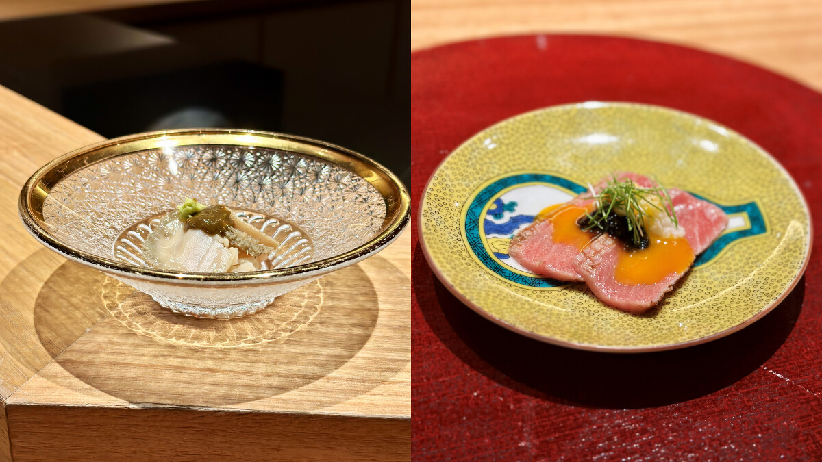 すし桃菜色：酒蒸鮑魚、鮪魚中腹刺身、山藥泥、蛋黃醬、海苔醬