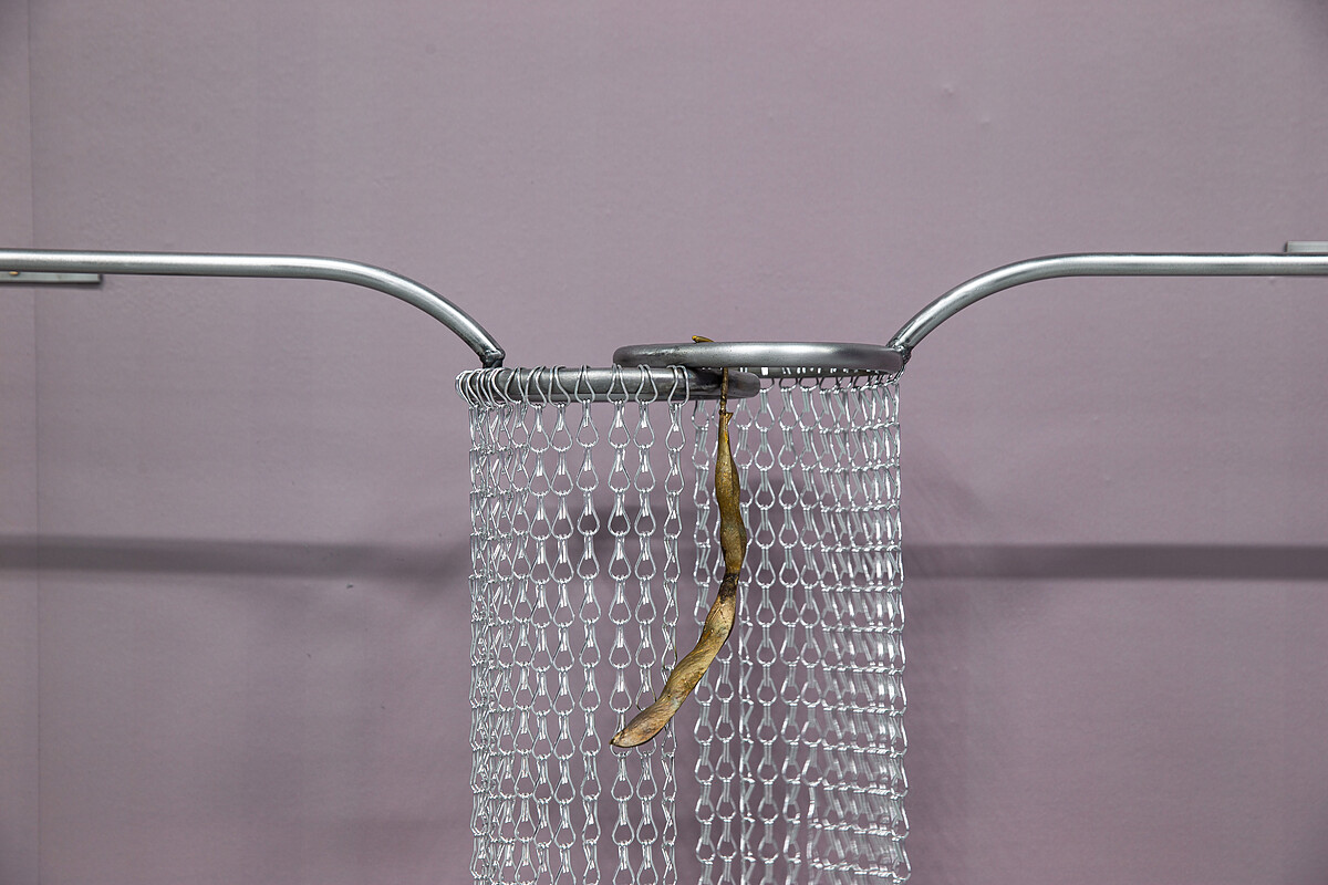 黃麗音，《豆簾子》（局部），2025，低碳鋼、銅、鍊條，140 &times; 108 &times; 21公分。圖像由北美館提供。