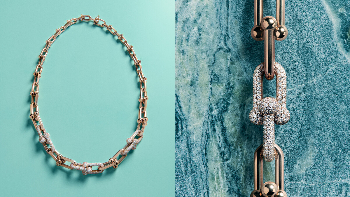 Tiffany HardWear玫瑰金鋪鑲鑽石漸層扣環項鍊。