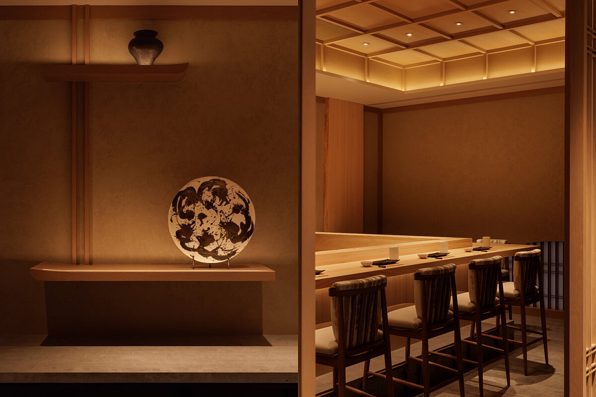 淺色原木打造的L形木質吧檯。