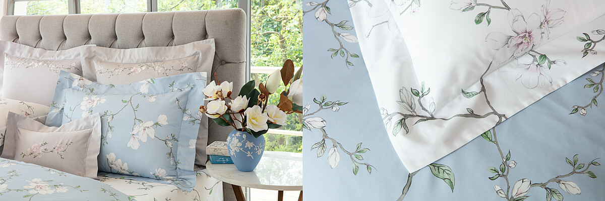 木蘭琢白 貝比紗印花 雙人四件式床組 義大利原裝(青空藍)，NT：46,800。