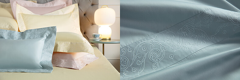 佛羅倫斯600 織紗埃及棉刺繡 雙人四件式床組(碧空灰、晶透黃、柔胭粉)，NT：24,800