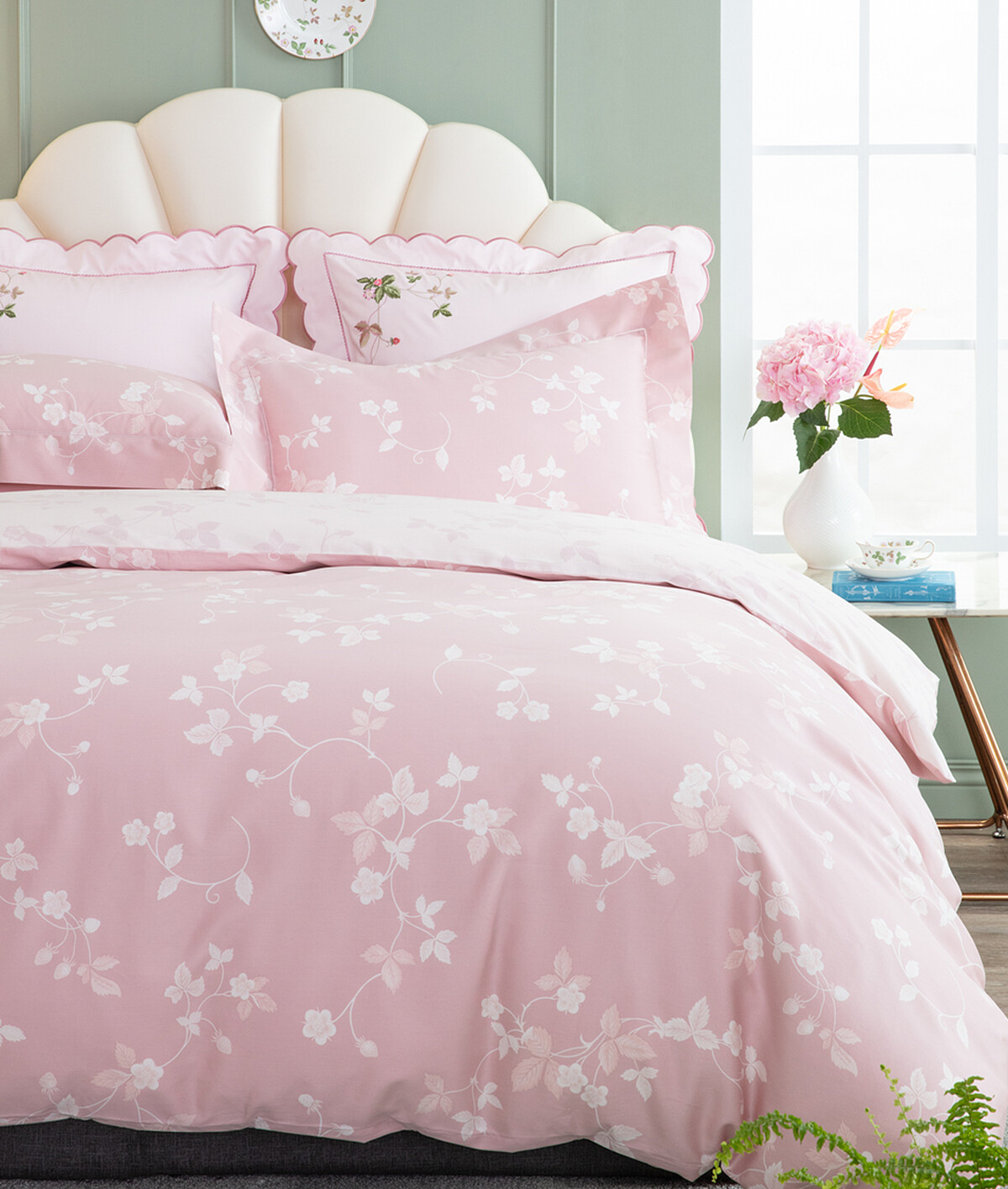 野草莓經典印花 雙人四件式床組 義大利原裝(蜜桃粉)，NT：42,800