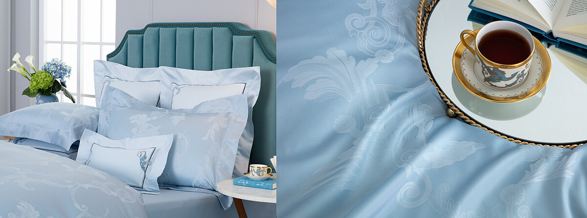 鳳羽雲霓緹花 雙人四件式床組 義大利原裝(晴天藍)，NT：46,800