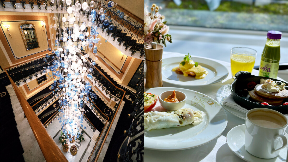 巴德拉格茲度假大酒店館內的水晶吊燈相當吸睛、玻璃落地窗前享用早餐