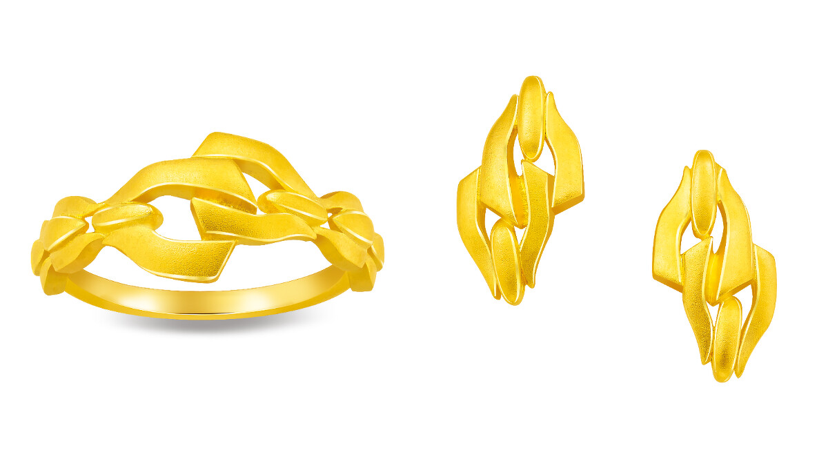 (左)靈動魅力系列純金戒指NTD$27,600、(右)靈動魅力系列純金耳環NTD$30,800。