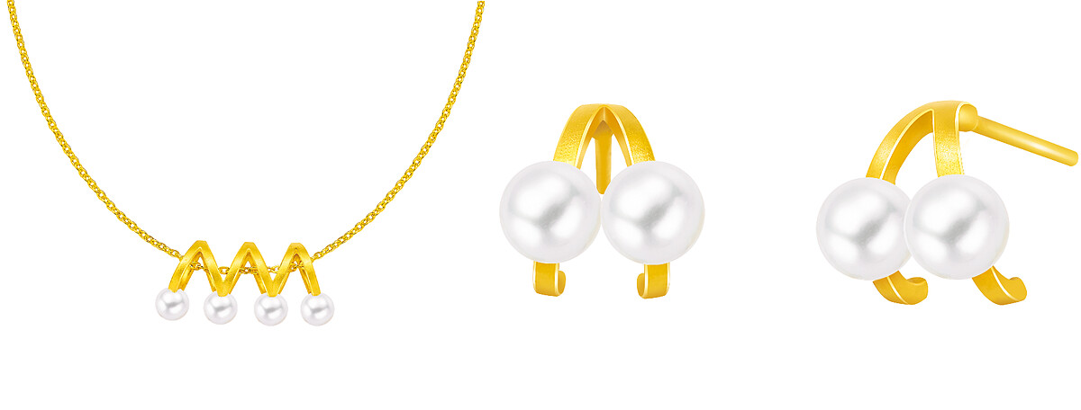 (左)鎏光系列 純金吊墜(不含鍊)(5月即將上市)NTD$19,000、(右)鎏光系列純金耳環 (5月即將上市)NTD$20,600。