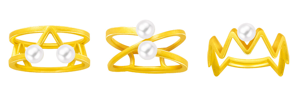 (左)鎏光系列幾何純金戒指 (5月即將上市)NTD$36,200、(中)鎏光系列流線純金戒指( 5月即將上市)NTD$30,800、(右)鎏光系列 稜光純金戒指 (5月即將上市)NTD$22,600。