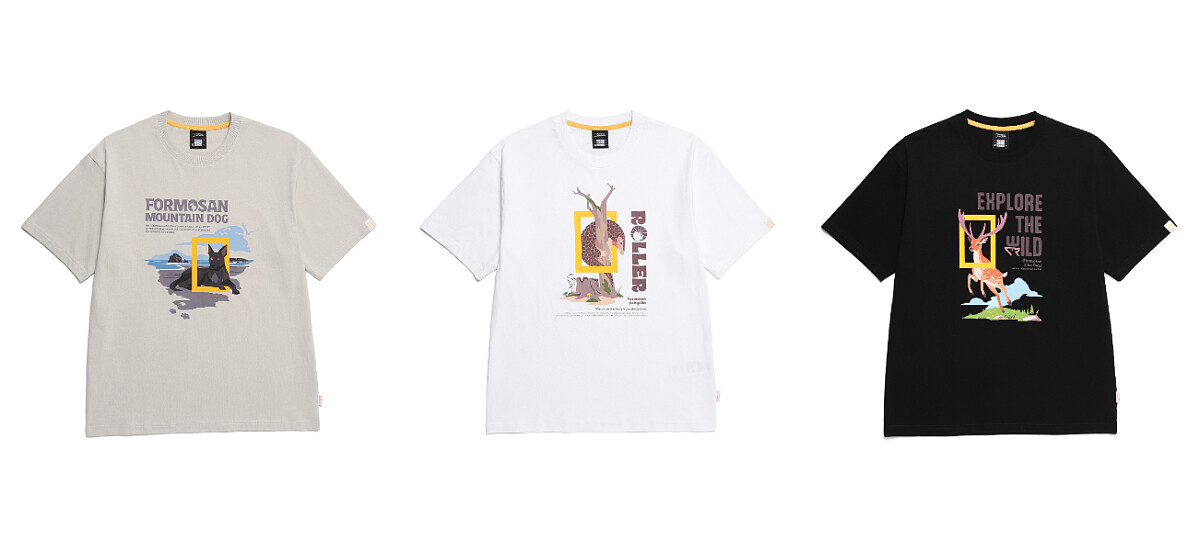 國家地理服飾 台灣限定T穿山甲(白、卡其共兩色)、梅花鹿(白、藍、黑共三色)、台灣犬(黃、卡其共兩色)，各NT1980。