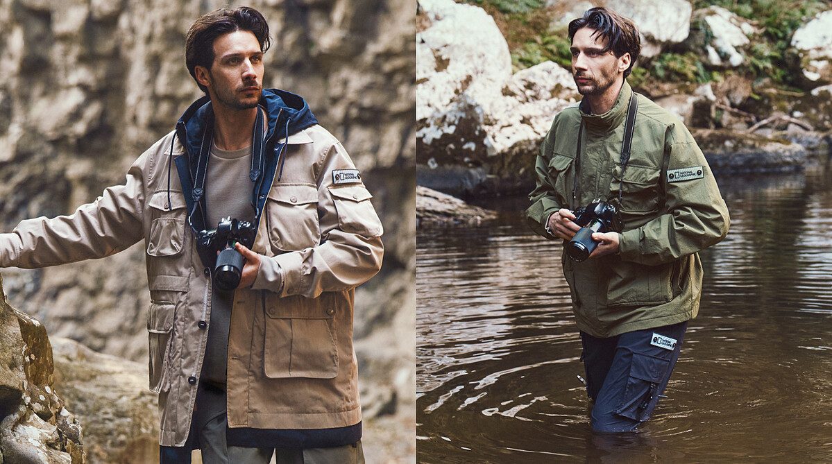 國家地理服飾男裝 NRN 撞色多口袋連帽外套(米，NT13,280；國家地理服飾男裝 NRN 多口袋立領外套(卡其、米)，NT12,580。