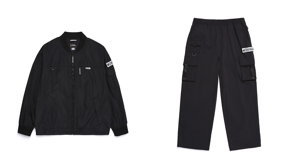 國家地理服飾男裝 NRN ROMUS飛行員外套(黑)，NT8,280；國家地理服飾男裝 NRN 插扣口袋工裝寬褲，NT5,980。