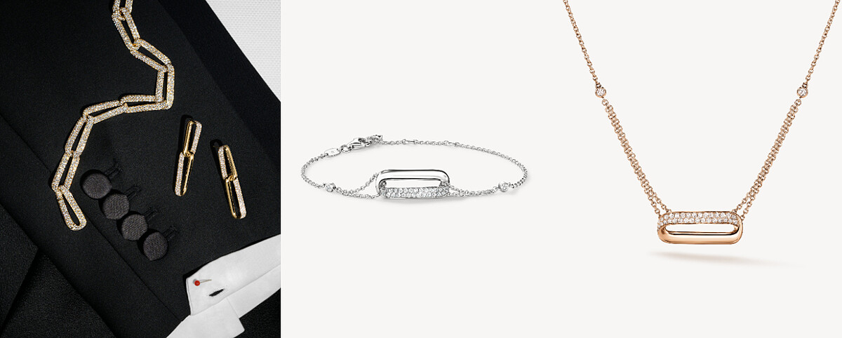 INSIDE/OUT Link系列。INSIDE/OUT Link 白K金鑽石手鍊(鑽石總重約0.20ct)，NT59,000； INSIDE/OUT Link 玫瑰金鑽石項鍊(鑽石總重約0.20ct)，NT66,000。