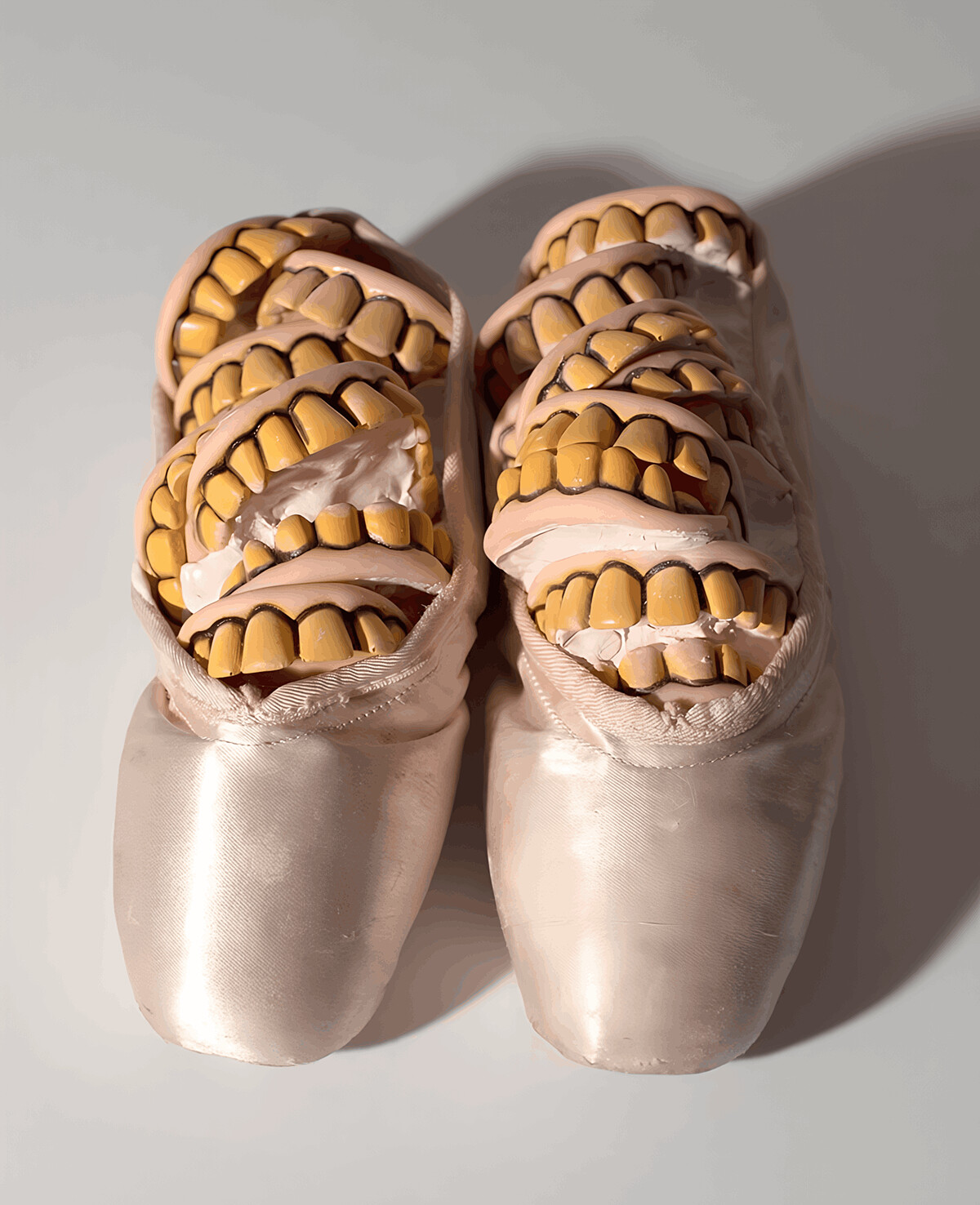 羅娜・龐迪克,〈芭雷舞鞋與牙齒〉,1991|芭蕾舞鞋、橡膠牙齒與環氧樹脂|3 1/2 x 6 1/2 x 8 1/2 in | 8.89 x 16.51 x 21.59 cm|圖片為藝術家及路由藝術所有