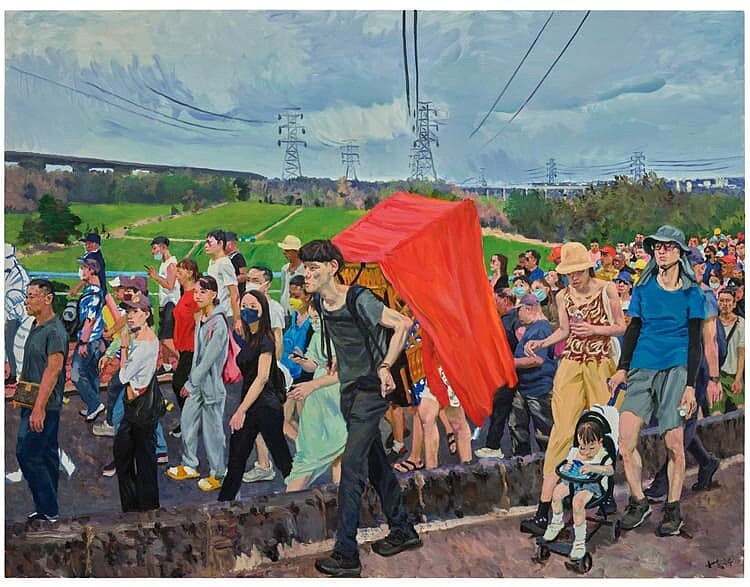 圖為劉小東,過橋,2024,油彩/亞麻布,230 x 300 cm丨圖片由誠品畫廊提供。