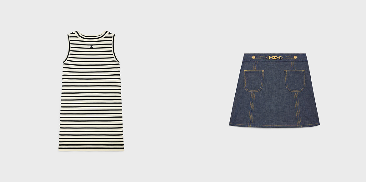 TRIOMPHE羊毛水手風迷你連身裙，NT69,000；原色牛仔布迷你裙，NT40,500。