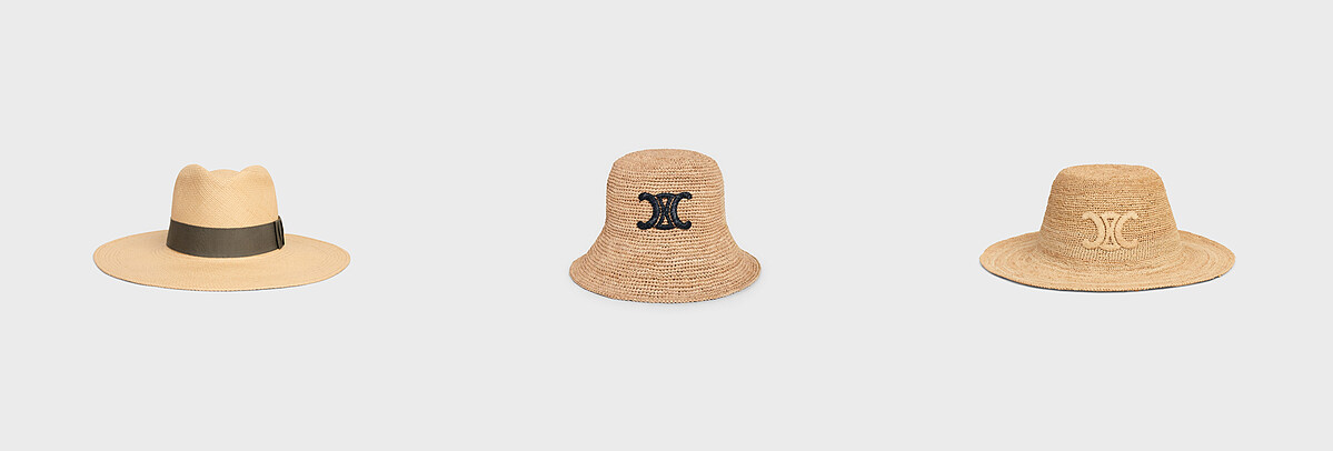 TRIOMPHE巴拿馬草帽，NT$29,500；TRIOMPHE拉菲亞草編漁夫帽，NT27,000；TRIOMPHE拉菲亞草帽，NT28,000。