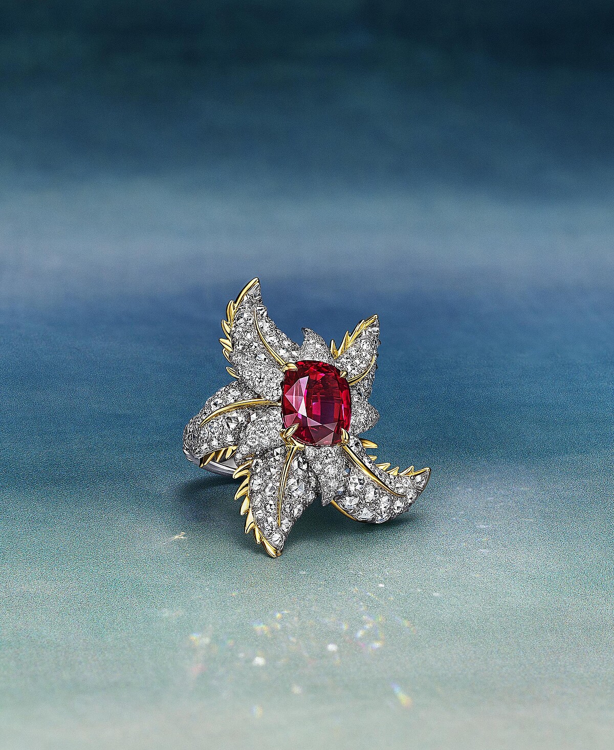 2025 Blue Book高級珠寶Sea of Wonder&mdash;Starfish系列 鉑金與黃K金鑲嵌主石逾6克拉未經優化處理的枕形切割紅寶石與鑽石戒指_情境圖