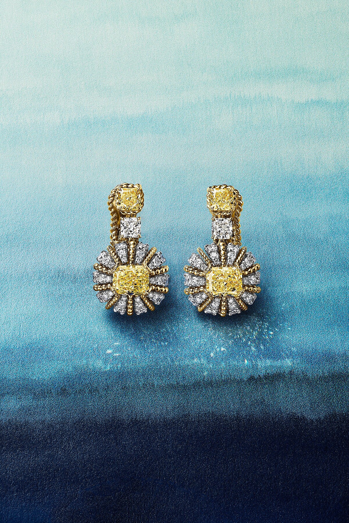 2025 Blue Book高級珠寶Sea of Wonder&mdash;Urchin系列 鉑金與黃K金鑲嵌4顆逾6克拉改良式矩形及長方形明亮式切割濃彩黃鑽與鑽石耳環_情境圖