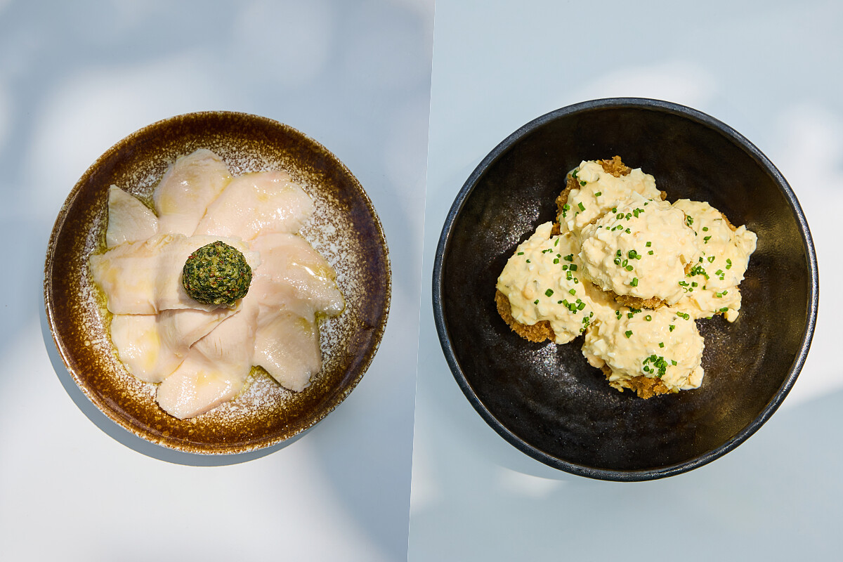  「香料七味雞肉」與「炸雞佐柚子松露蛋黃醬」。