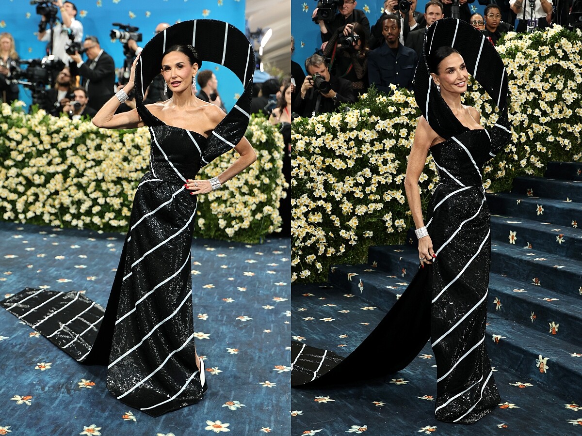 Demi Moore 於 2025 Met Gala 紅毯，化身為領帶造型