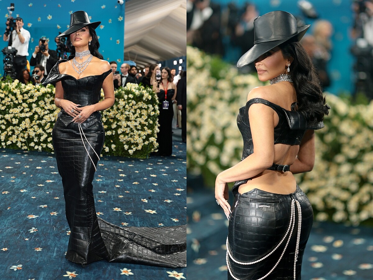Kim Kardashian 於 2025 Met Gala 紅毯，身穿 Chrome Hearts 訂製黑色皮革禮服