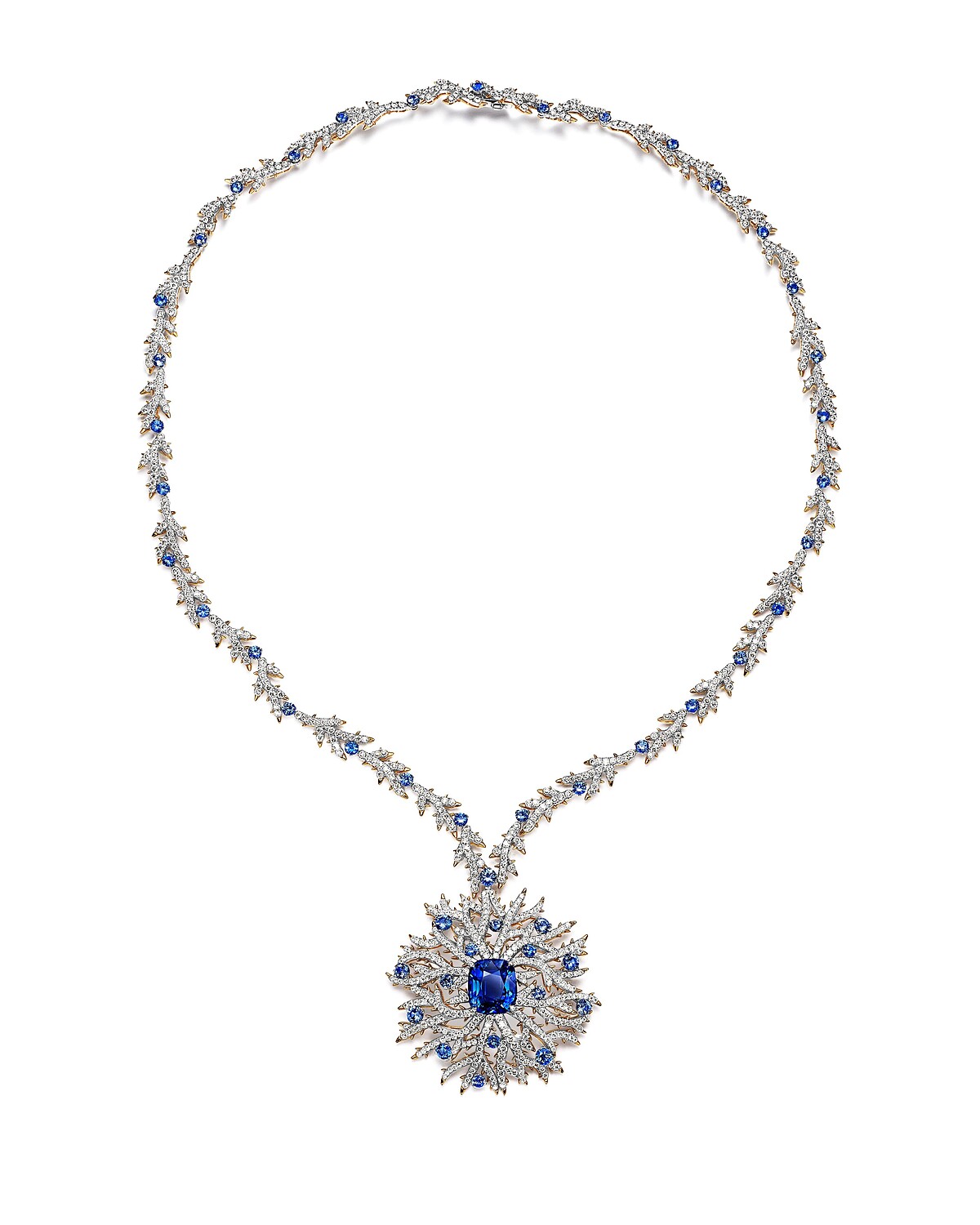 Tiffany Blue Book 高級珠寶系列_鉑金和與黃K金鑲嵌主石逾14克拉未經優化處理的珍稀斯里蘭卡藍寶石、藍寶石和鑽石項鍊