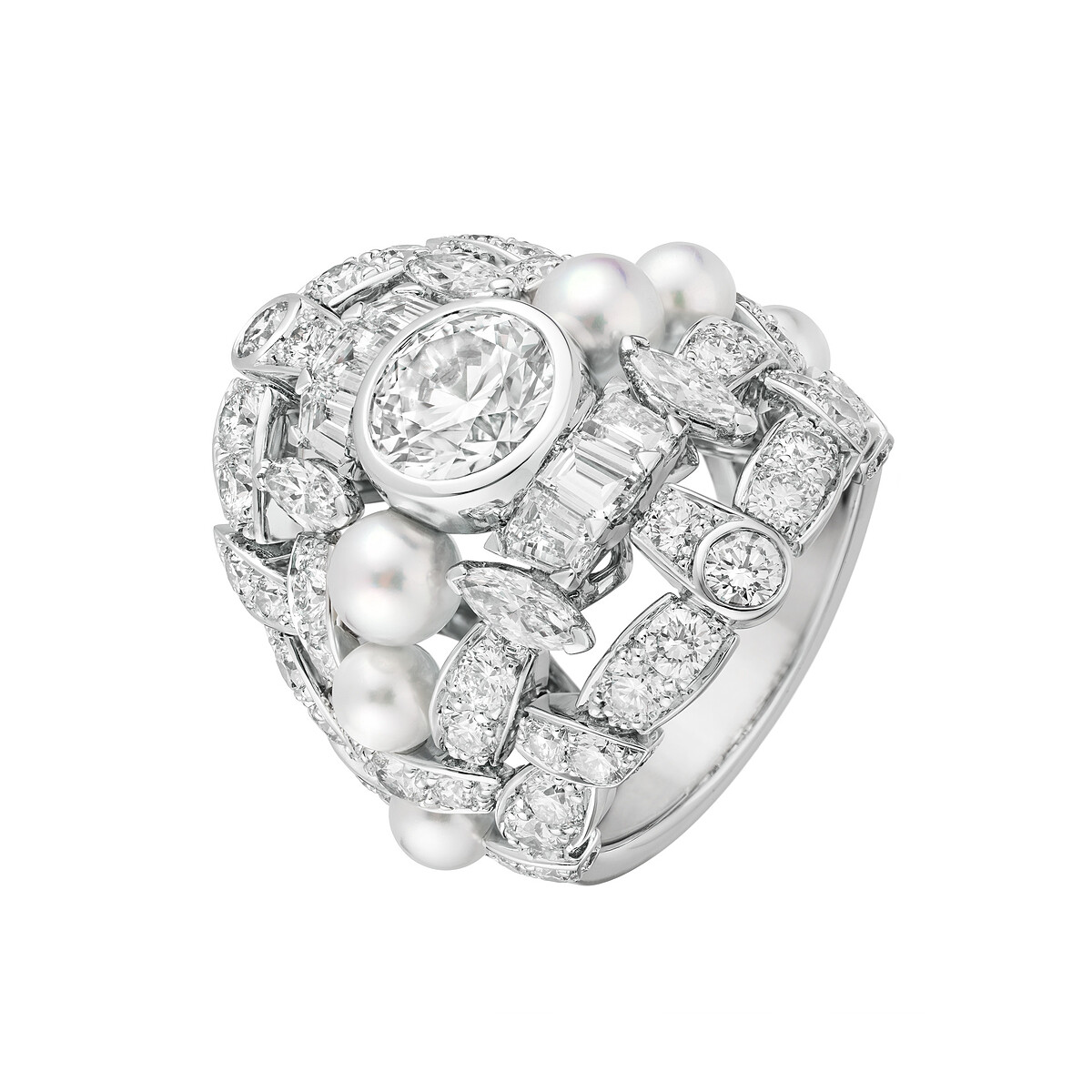 &ndash; Tweed Ic&ocirc;ne Ruban戒指：18K白金、鑽石及養珠