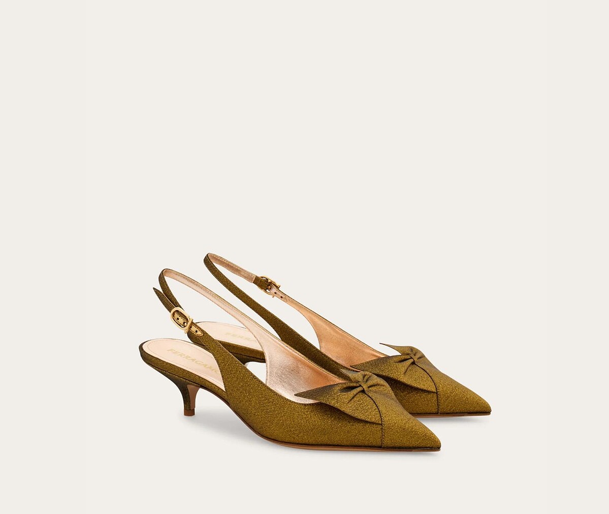 Ferragamo 金蔥塔夫綢蝴蝶結露跟低跟鞋