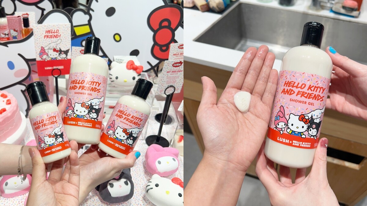 LUSH Hello Kitty與好朋友沐浴露115g，NT400、285g，NT800、560g，NT1,300
