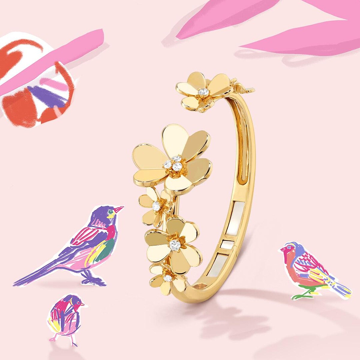 Van Cleef & Arpels梵克雅寶Frivole手鍊(7朵花，中型款式，18K黃金，鑲嵌鑽石)。