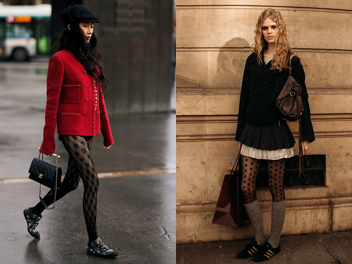 Logo絲襪搭配素色服裝與瑪莉珍鞋、尖頭平底鞋時尚穿搭範例