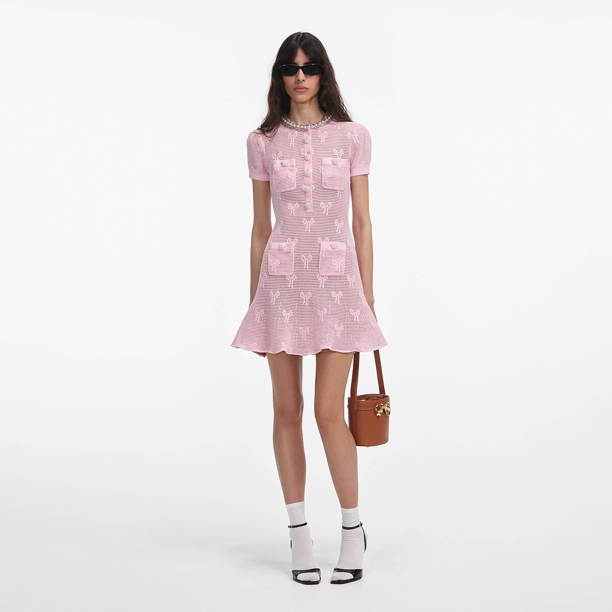 self-portrait Pink Bow Crochet Crystal Trim Mini Dress NT$20,800