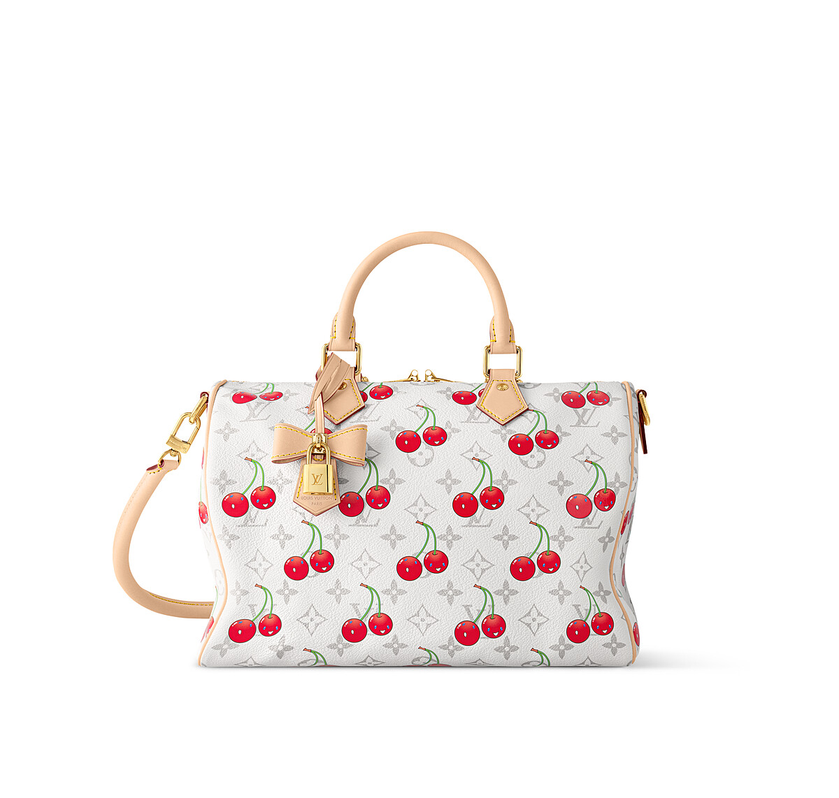 Louis Vuitton x 村上隆 微笑櫻桃系列白色Monogram Speedy Soft Bandouli&egrave;re 30 