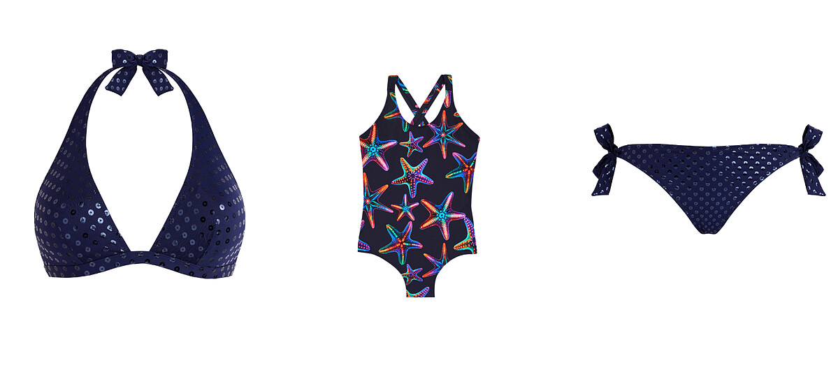  Vilebrequin 2025 夏季系列FLECHE 亮片風格綁帶式繞頸比基尼上衣、FLAMME亮片風格側綁帶比基尼下身；GINX 女童連身泳衣- Disco Stars 迪斯可之星
