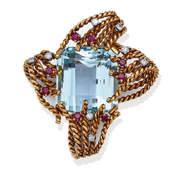 Rope 靈感來源- Jean Schlumberger 胸針, 黃K金,鑽石,紅寶石,海水藍寶,1950-1956@古典珍藏庫 