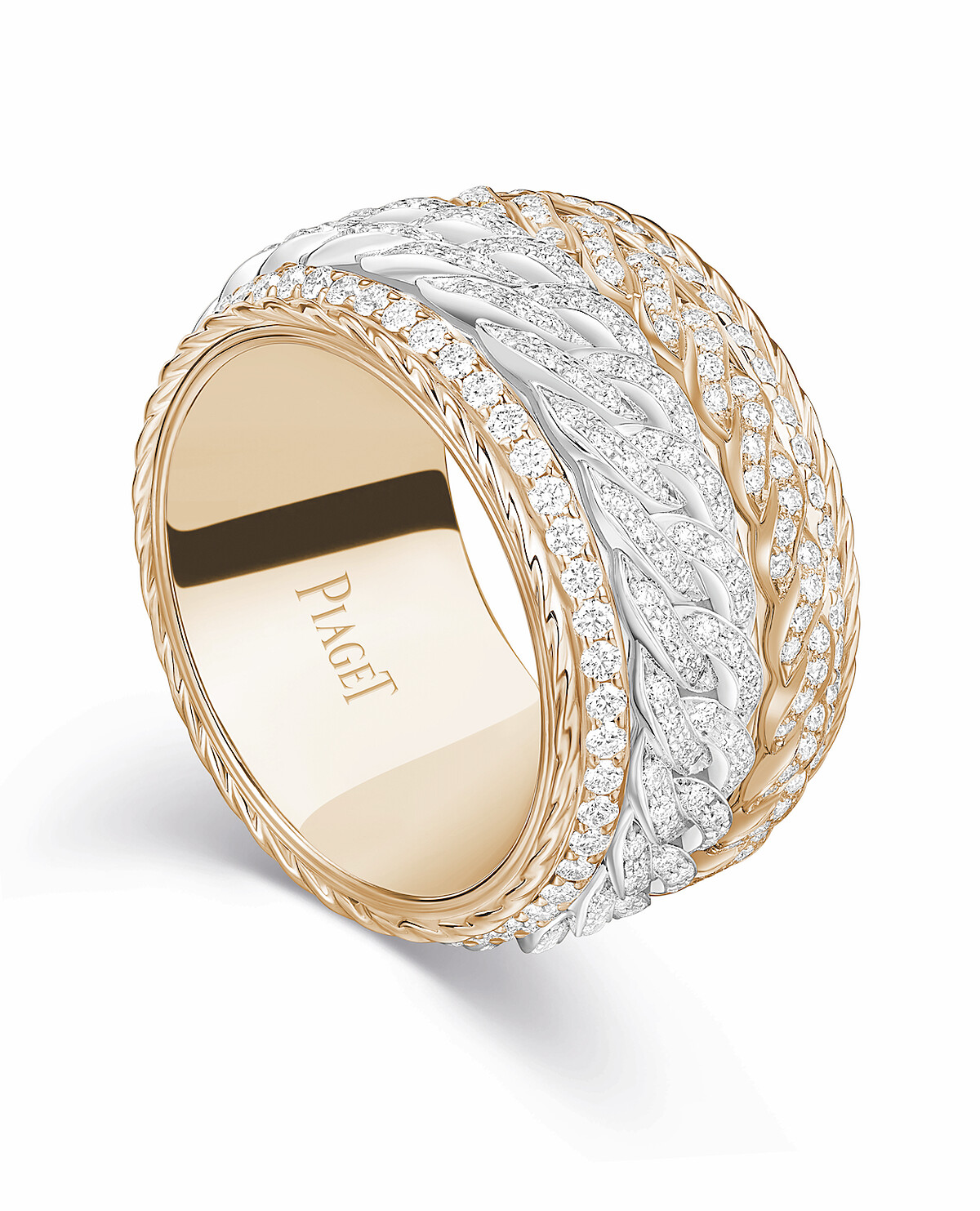 PIAGET Possession系列18K玫瑰金寬版馬銜索鍊鑽石戒指，建議售價約NT1,120,000