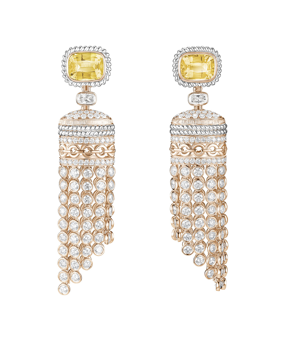 Essence of Extraleganza頂級珠寶系列18K玫瑰金黃色藍寶石鑽石流蘇耳環，建議售價約NT$5,200,000