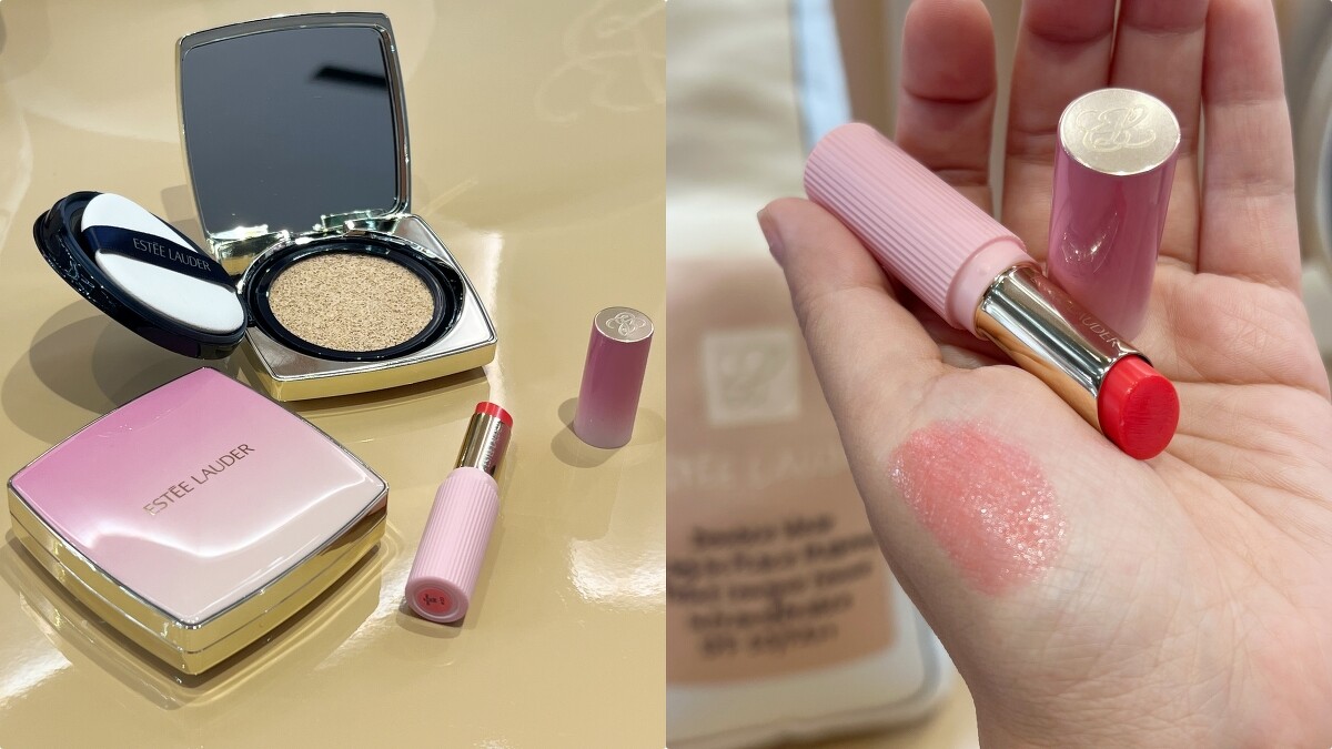 雅詩蘭黛粉持久完美鎖妝氣墊粉餅SPF45/PA+++冰紛莓果限定版(新色為#1N0)，NT1,950。水啵啵琉璃潤唇膏(#06冰紛莓果)，NT990