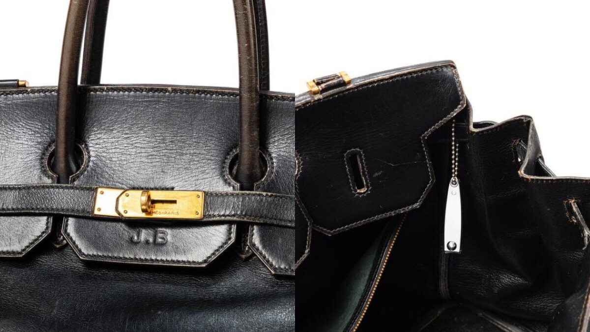 Jane Birkin原型柏金包上的生活痕跡，如姓名縮寫「J.B」印記