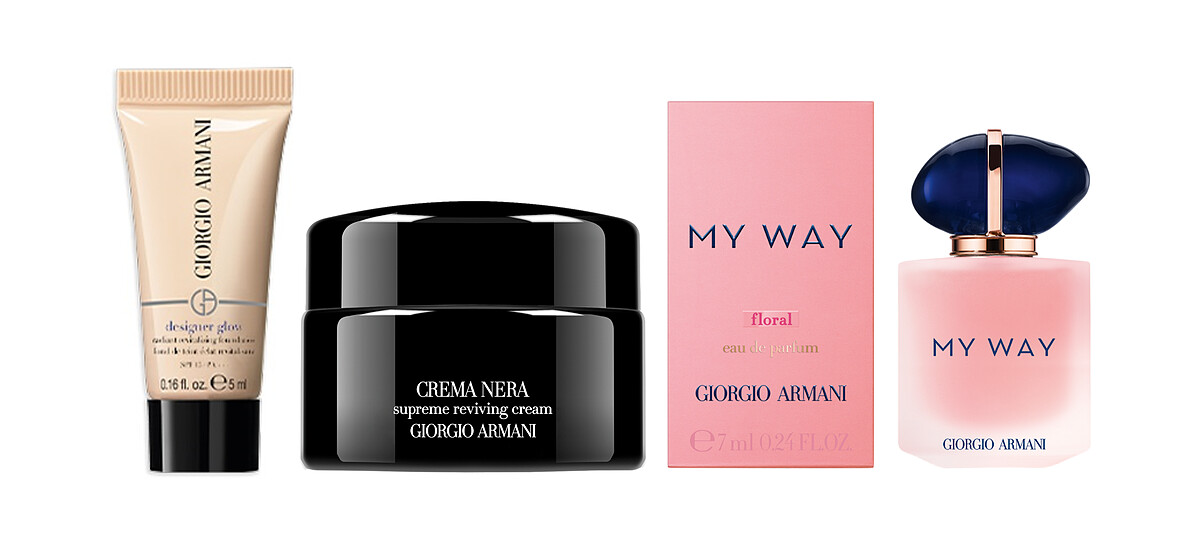 圖片來源：Armani Beauty｜【設計師水燦光影粉底5ml】(左)、【黑曜岩新生奇蹟乳霜5ml】(中)、【MY WAY淡香精-晨露清新版7ml】(右)
