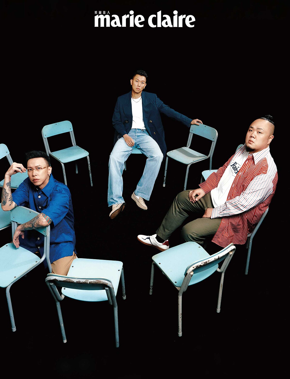 瘦子E.SO：海軍藍風衣外套、刷色丹寧褲、麂皮樂福鞋，all by Tommy Hilfiger。 小春：藍色短袖襯衫、條紋針織背心、卡其長褲、白色高筒運動鞋，all by Tommy Hilfiger；無框眼鏡，Gentle Monster&times;Maison Margiela。 大淵：紅白條紋襯衫，Tommy Hilfiger；皮革休閒鞋，Pedro；白色上衣、軍綠色長褲，藝人私物。