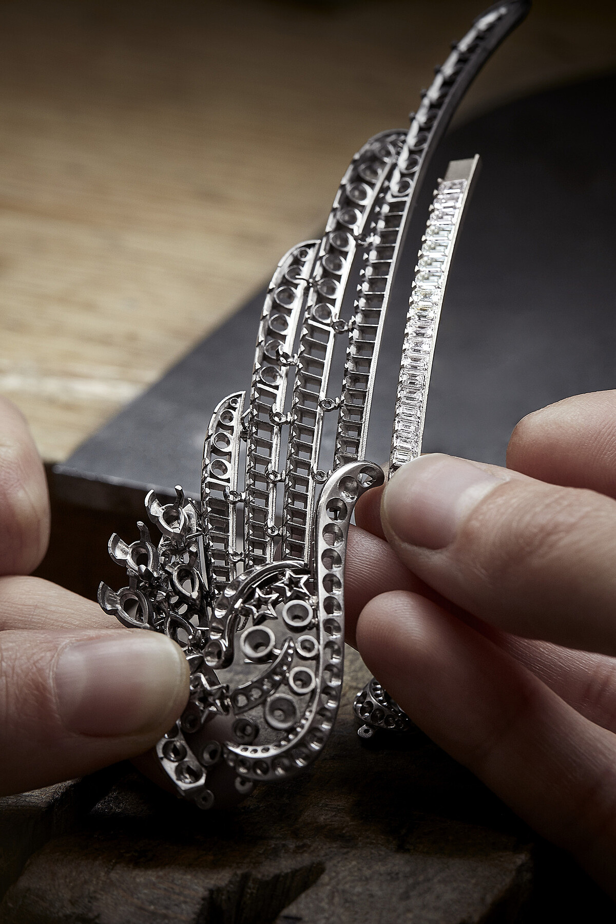 將部分完成鑲嵌的飛羽 (flight feather) 安置於WINGS OF CHANEL 項鍊左翼體積進行比較。