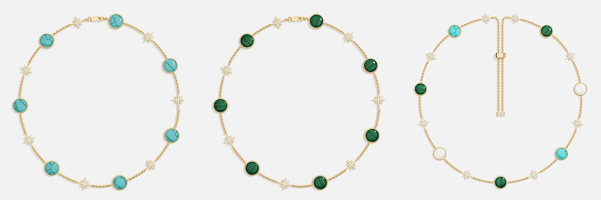 左: 湖藍色Météorites項圈NT8,600,中: 孔雀石 Météorites 項圈NT8,600,右: Météorites 可調節項鍊NT10,400