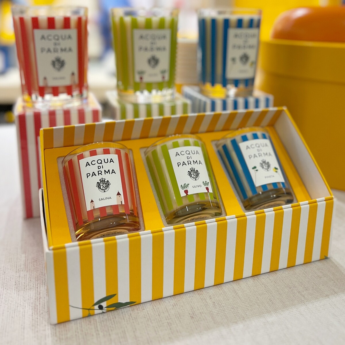 Acqua di Parma海鹽清光香氛蠟燭夏日露臺限量版200g，NT3,300、橄欖夏影香氛蠟燭夏日露臺限量版200g，NT3,300、漫步林蔭香氛蠟燭夏日露臺限量版200g，NT3,300、夏日露臺限量迷你蠟燭禮盒70g*3，NT5,800