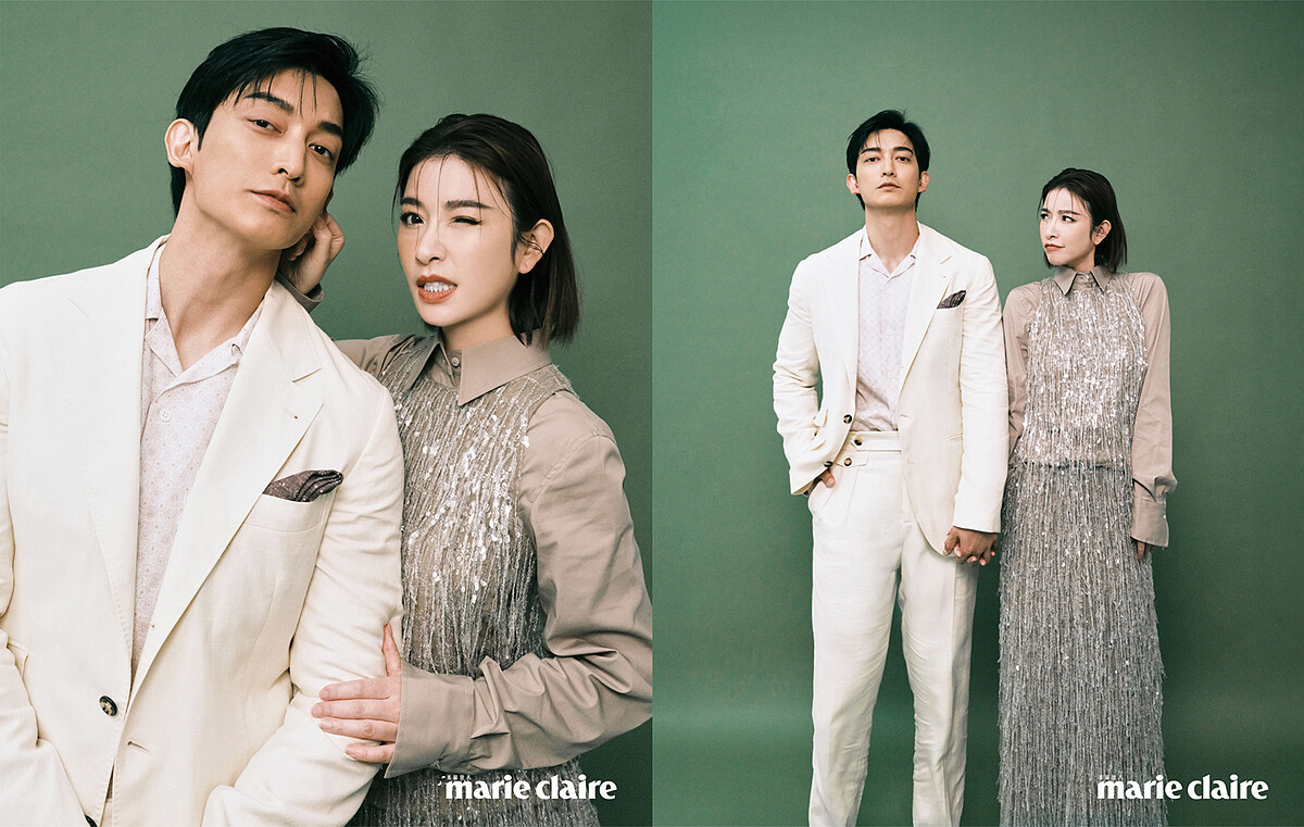 維恩:駝色亮片流蘇背心、駝色襯衫、駝色亮片流蘇長裙,all by Brunello Cucinelli。家梁:米色西裝外套、印花襯衫、米色西裝褲,all by Brunello Cucinelli。