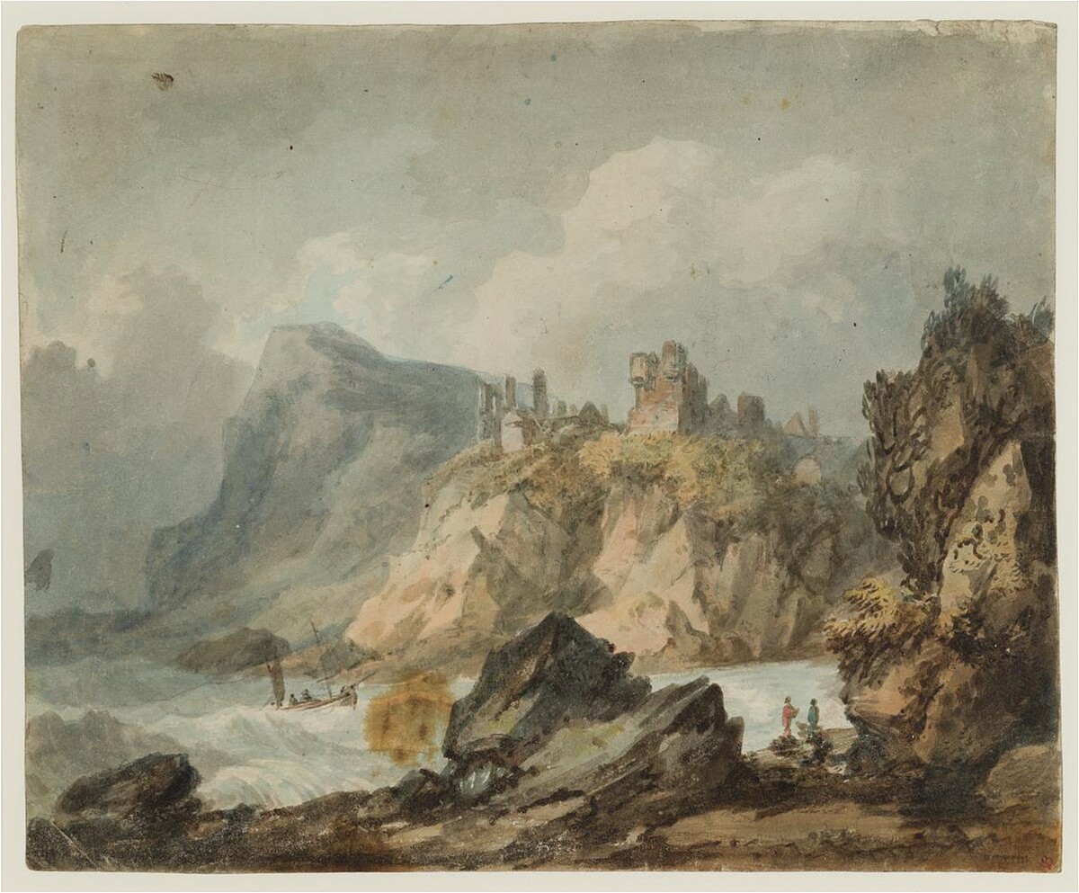 懸崖上的城堡廢墟風景畫（Landscape Composition with a Ruined Castle on a Cliff），1792&ndash;3，約瑟夫．馬洛德．威廉．透納（Joseph Mallord William Turner）。（圖片來源：TATE）