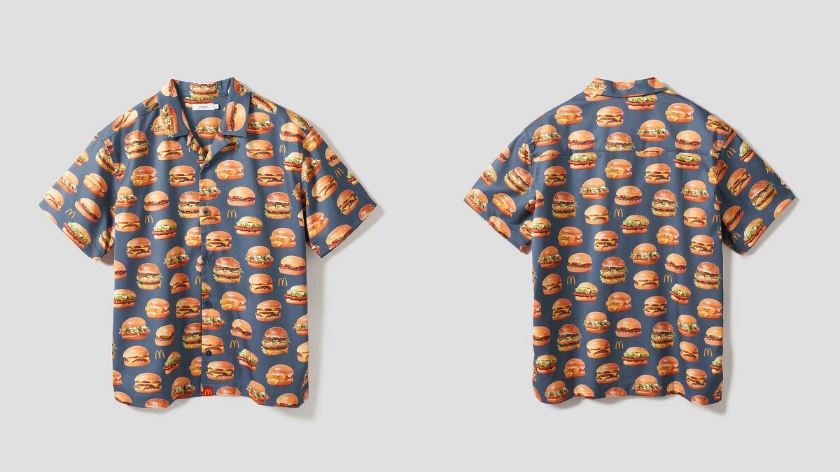 graniph x 麥當勞聯名漢堡印花襯衫，滿版印有大麥克、麥香魚等圖案，售價約台幣2,290