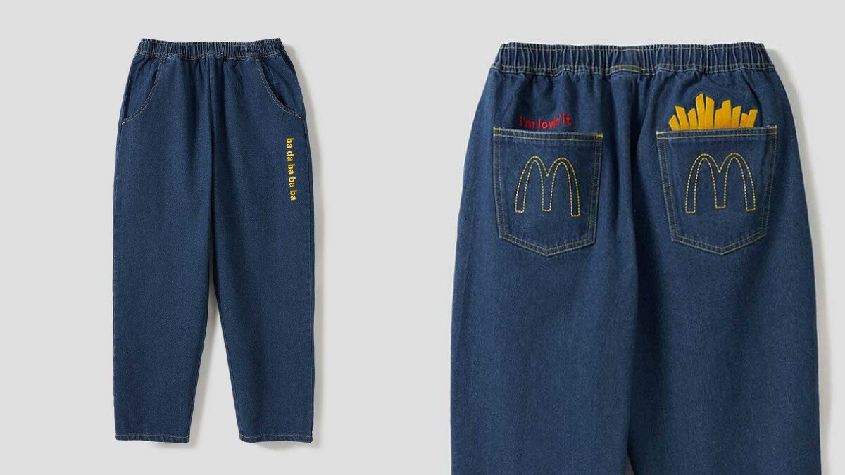 graniph x 麥當勞聯名薯條牛仔褲口袋細節，繡有M字Logo與薯條圖案，售價約台幣2,690