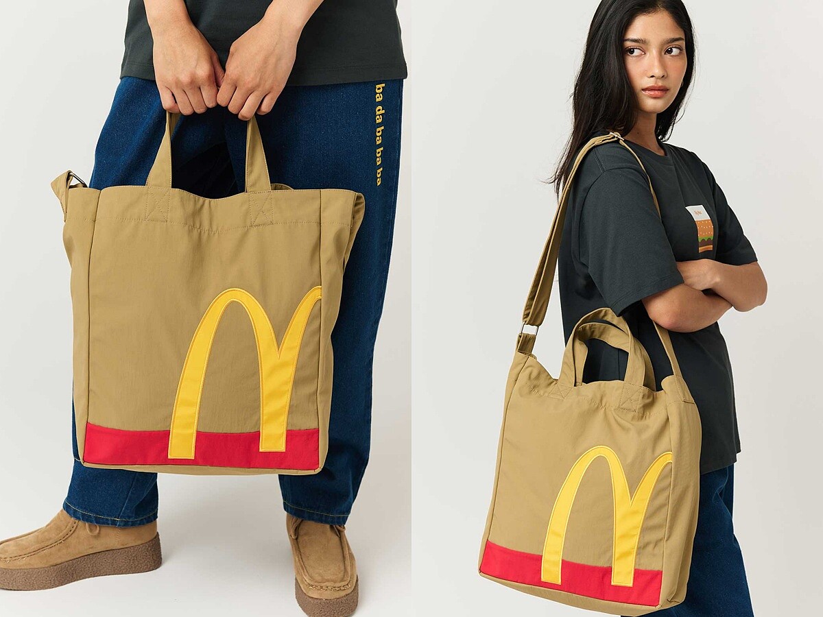 graniph x 麥當勞聯名兩用托特包，外觀為經典麥當勞外帶紙袋設計，售價約台幣1,790